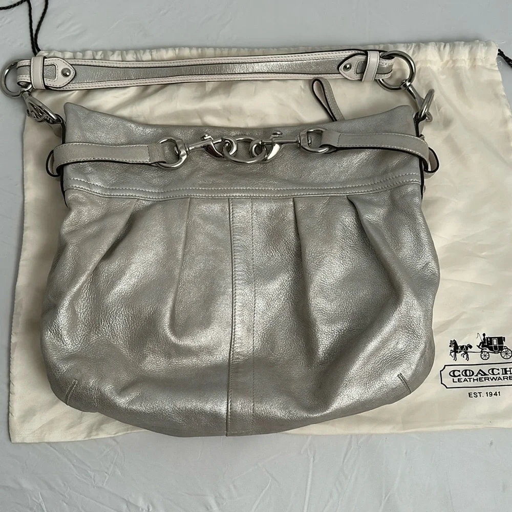 Coach silver metallic soft goat suede leather hobo bag with nickel hardware